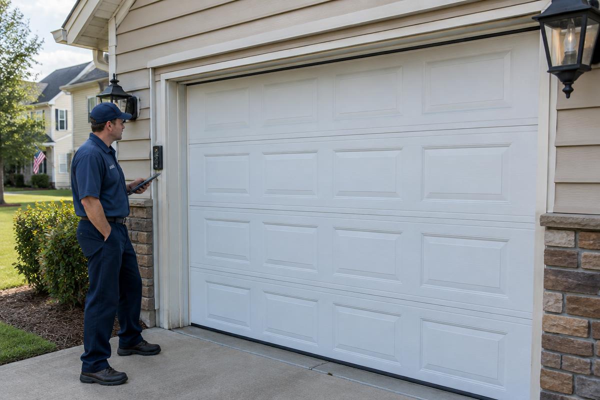 Garage door that won't open being repaired in Tega Cay, SC